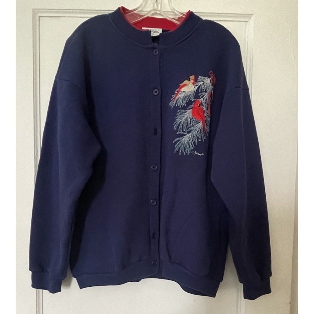 Vintage Artisans Cardigan Women Large Blue Cardinal Bird USA Made Sweatshirt 90s